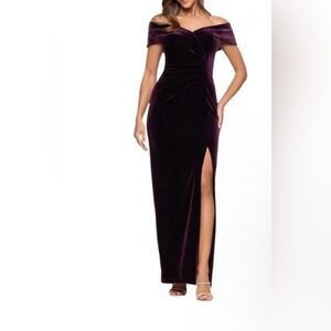 Xscape “Charmaine” Off Shoulder Velvet Gown